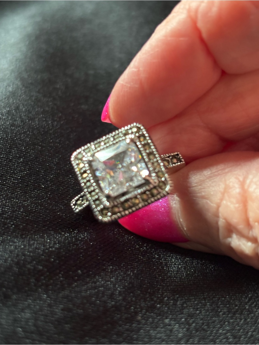 Square Halo Silver Ring with Clear Center Stone